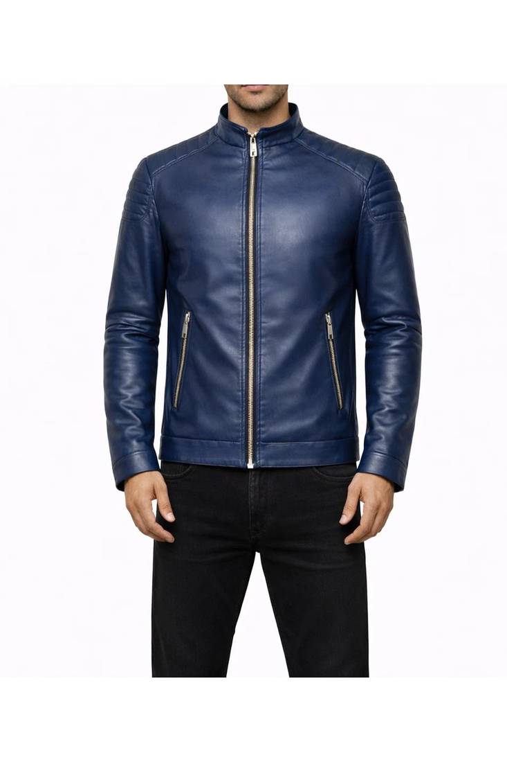 Men's blue leather riding jacket real lambskin everyday wear
