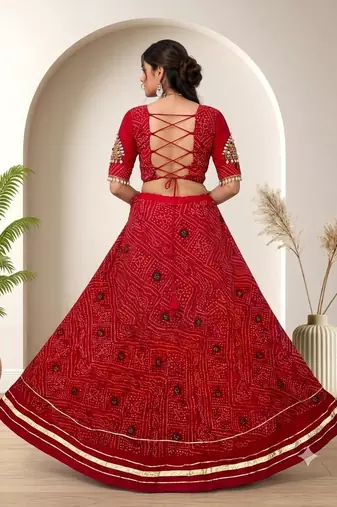 Navratri Special Red Bandhej Flared Lehenga and Short Kurta Set with Mirror Work Jacket