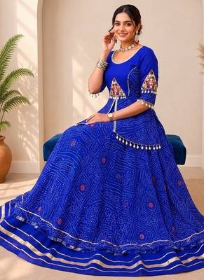  Blue Bandhej Flared Lehenga and Short Kurta Set with Mirror Work Jacket 2