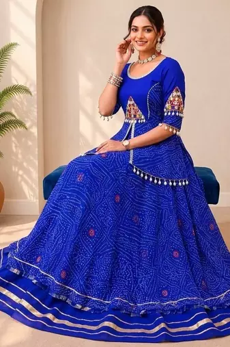  Blue Bandhej Flared Lehenga and Short Kurta Set with Mirror Work Jacket