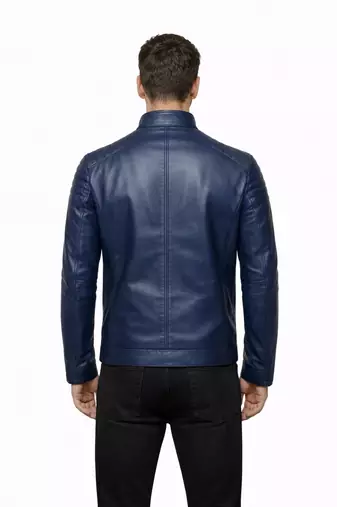 Men's blue leather riding jacket real lambskin everyday wear