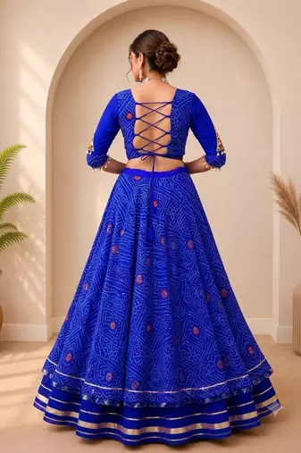  Blue Bandhej Flared Lehenga and Short Kurta Set with Mirror Work Jacket