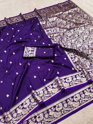 Purple soft silk blend saree with zari weaving meenakari design 5