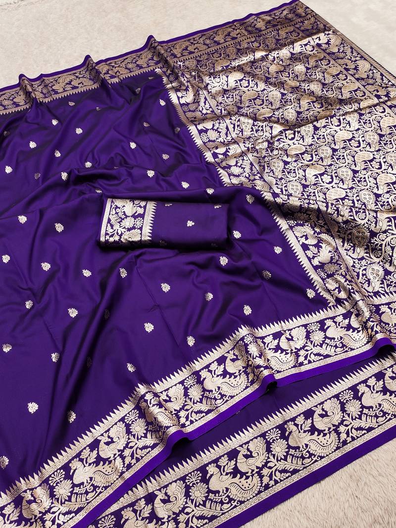 Purple soft silk blend saree with zari weaving meenakari design