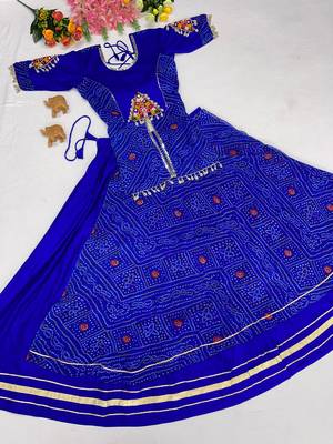  Blue Bandhej Flared Lehenga and Short Kurta Set with Mirror Work Jacket 4