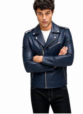 Men's blue lambskin leather biker jacket fashion outerwear 1