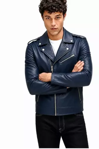 Men's blue lambskin leather biker jacket fashion outerwear