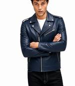 Men's blue lambskin leather biker jacket fashion outerwear