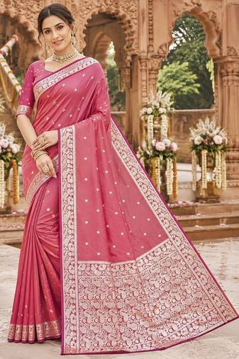 Pink soft silk blend saree with zari weaving meenakari design