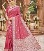Pink soft silk blend saree with zari weaving meenakari design