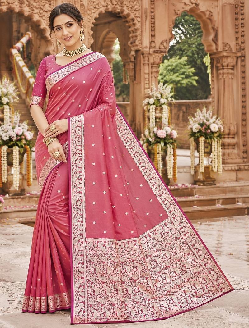 Pink soft silk blend saree with zari weaving meenakari design
