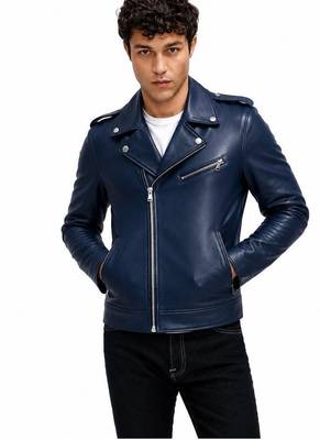 Men's blue lambskin leather biker jacket fashion outerwear 2