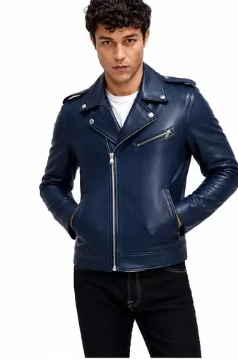 Men's blue lambskin leather biker jacket fashion outerwear