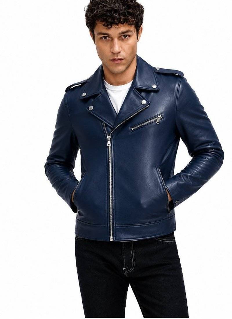 Men's blue lambskin leather biker jacket fashion outerwear