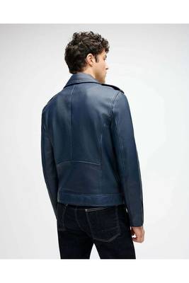 Men's blue lambskin leather biker jacket fashion outerwear 3