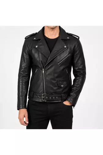 Men's black leather riding lambskin casual style belted jacket