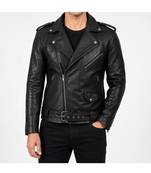 Men's black leather riding lambskin casual style belted jacket