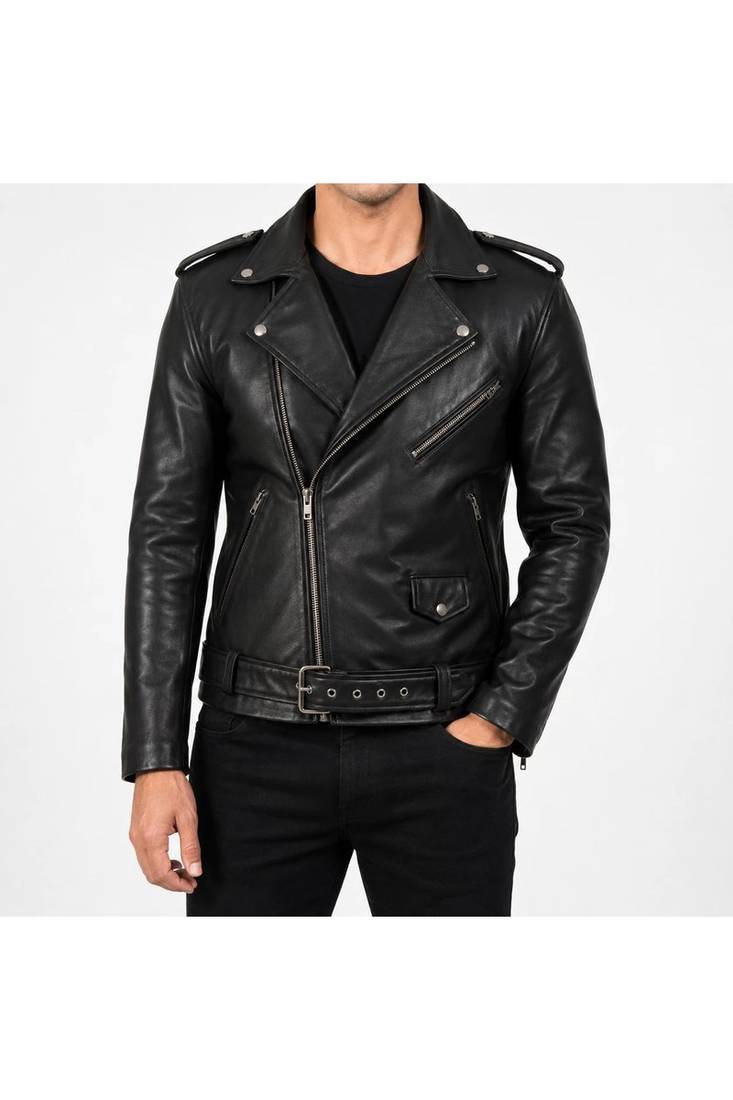 Men's black leather riding lambskin casual style belted jacket