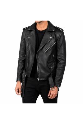 Men's black leather riding lambskin casual style belted jacket 2