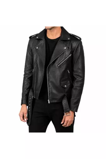 Men's black leather riding lambskin casual style belted jacket