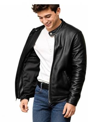 Men's black leather vintage style real lambskin biker jacket 1