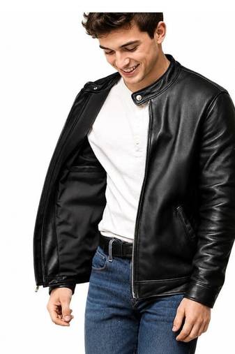 Men's black leather vintage style real lambskin biker jacket