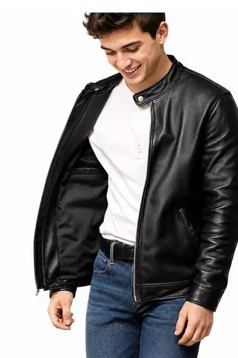 Men's black leather vintage style real lambskin biker jacket