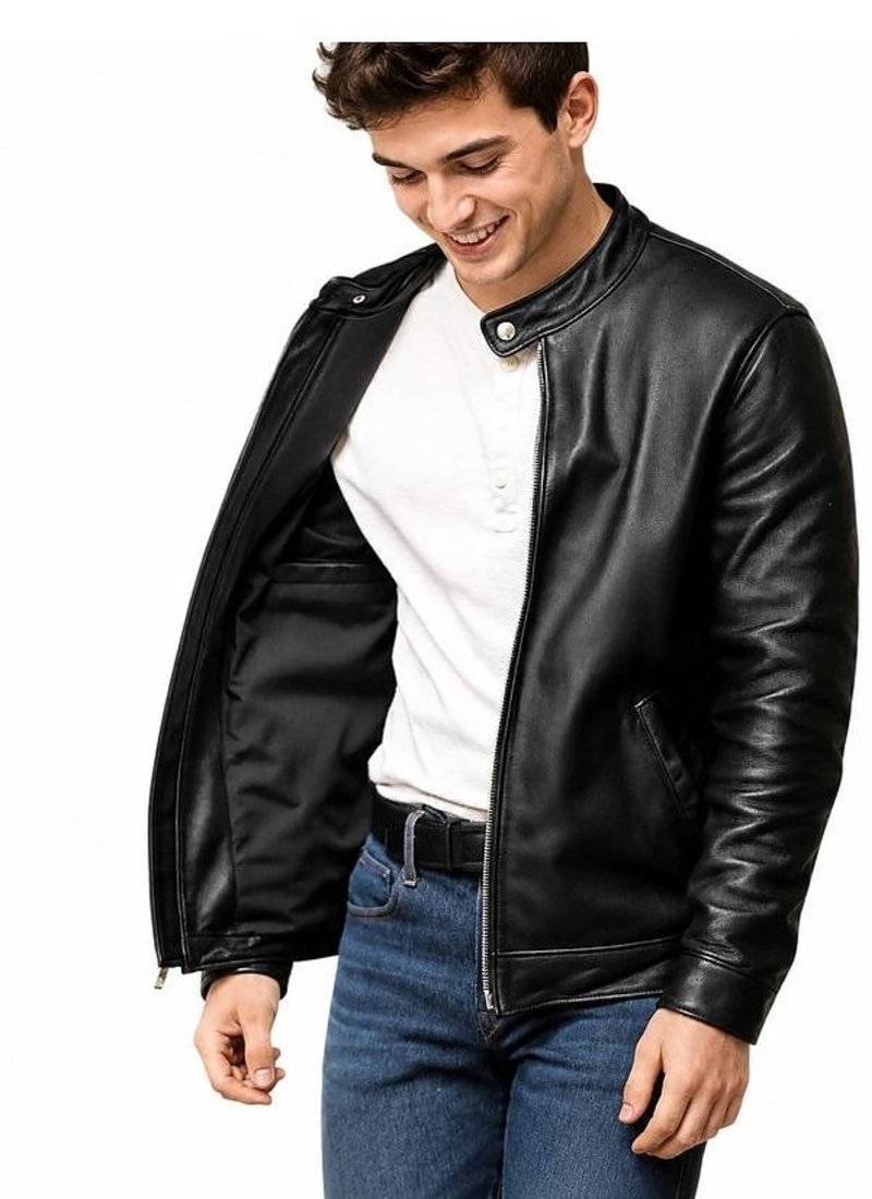 Men's black leather vintage style real lambskin biker jacket