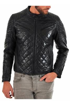 Men's black genuine leather riding modern fit quilted jacket 2