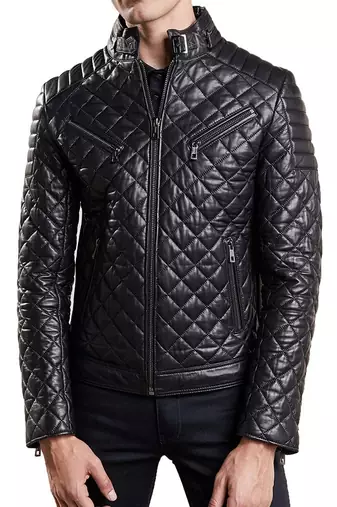 Men's black quilted leather riding handcrafted biker jacket
