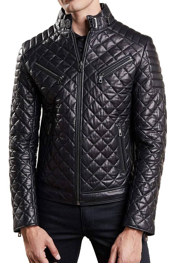 Men's black quilted leather riding handcrafted biker jacket
