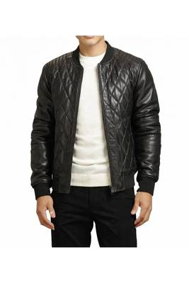 Men black leather riding tailored look quilted bomber jacket 1