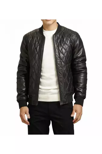Men black leather riding tailored look quilted bomber jacket