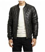 Men black leather riding tailored look quilted bomber jacket
