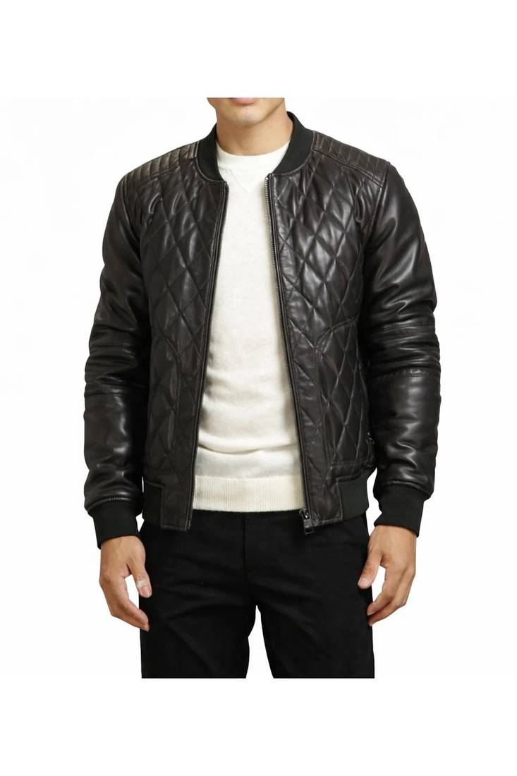 Men black leather riding tailored look quilted bomber jacket