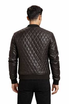 Men black leather riding tailored look quilted bomber jacket 2