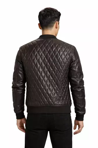 Men black leather riding tailored look quilted bomber jacket