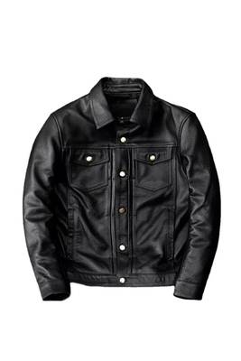 Men's black leather riding jacket timeless style buttoned 1