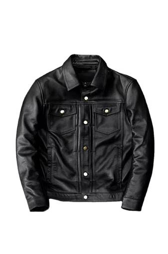 Men's black leather riding jacket timeless style buttoned