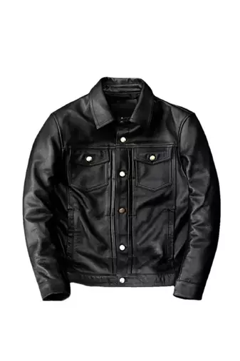 Men's black leather riding jacket timeless style buttoned