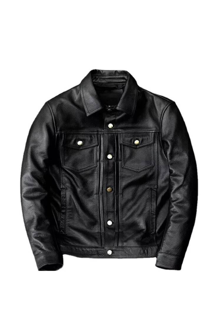 Men's black leather riding jacket timeless style buttoned