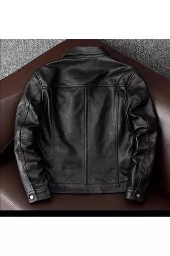 Men's black leather riding jacket timeless style buttoned