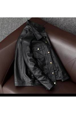 Men's black leather riding jacket timeless style buttoned 3