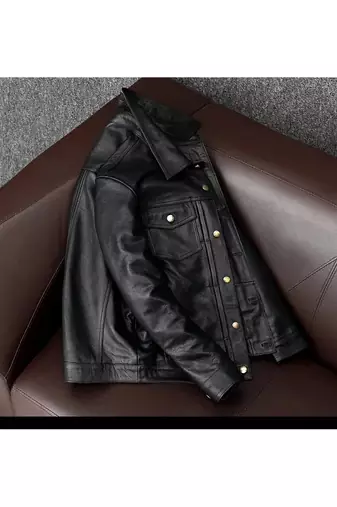 Men's black leather riding jacket timeless style buttoned
