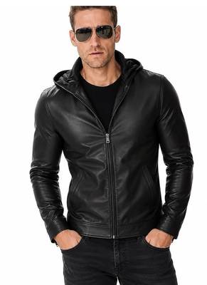 Men's black leather riding jacket motorcycle hoodies style 1