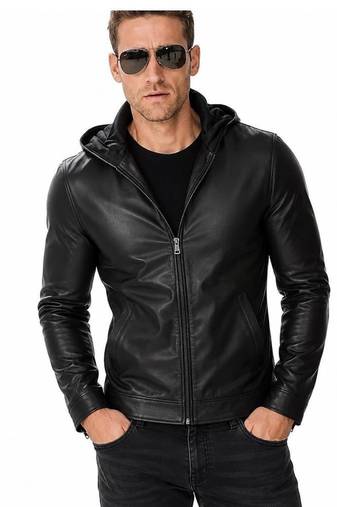 Men's black leather riding jacket motorcycle hoodies style