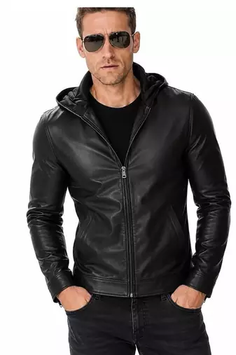 Men's black leather riding jacket motorcycle hoodies style