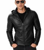 Men's black leather riding jacket motorcycle hoodies style