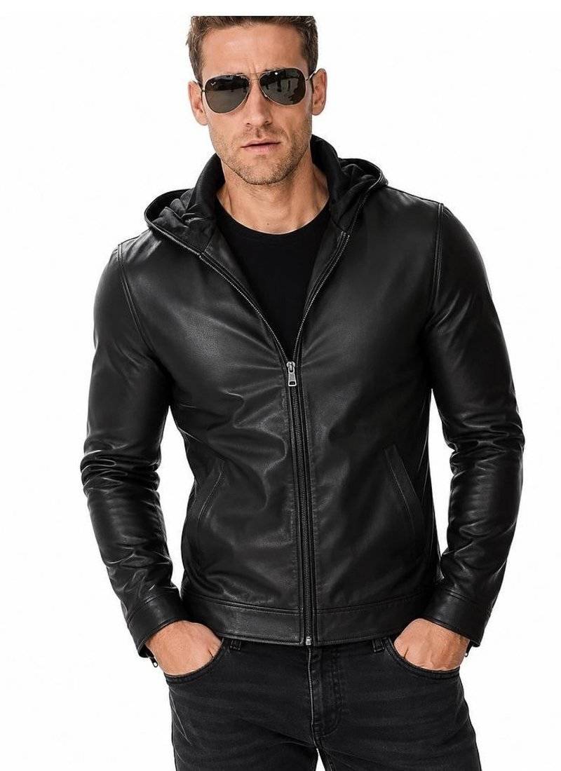 Men's black leather riding jacket motorcycle hoodies style