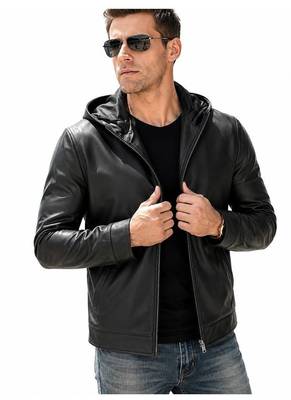 Men's black leather riding jacket motorcycle hoodies style 2